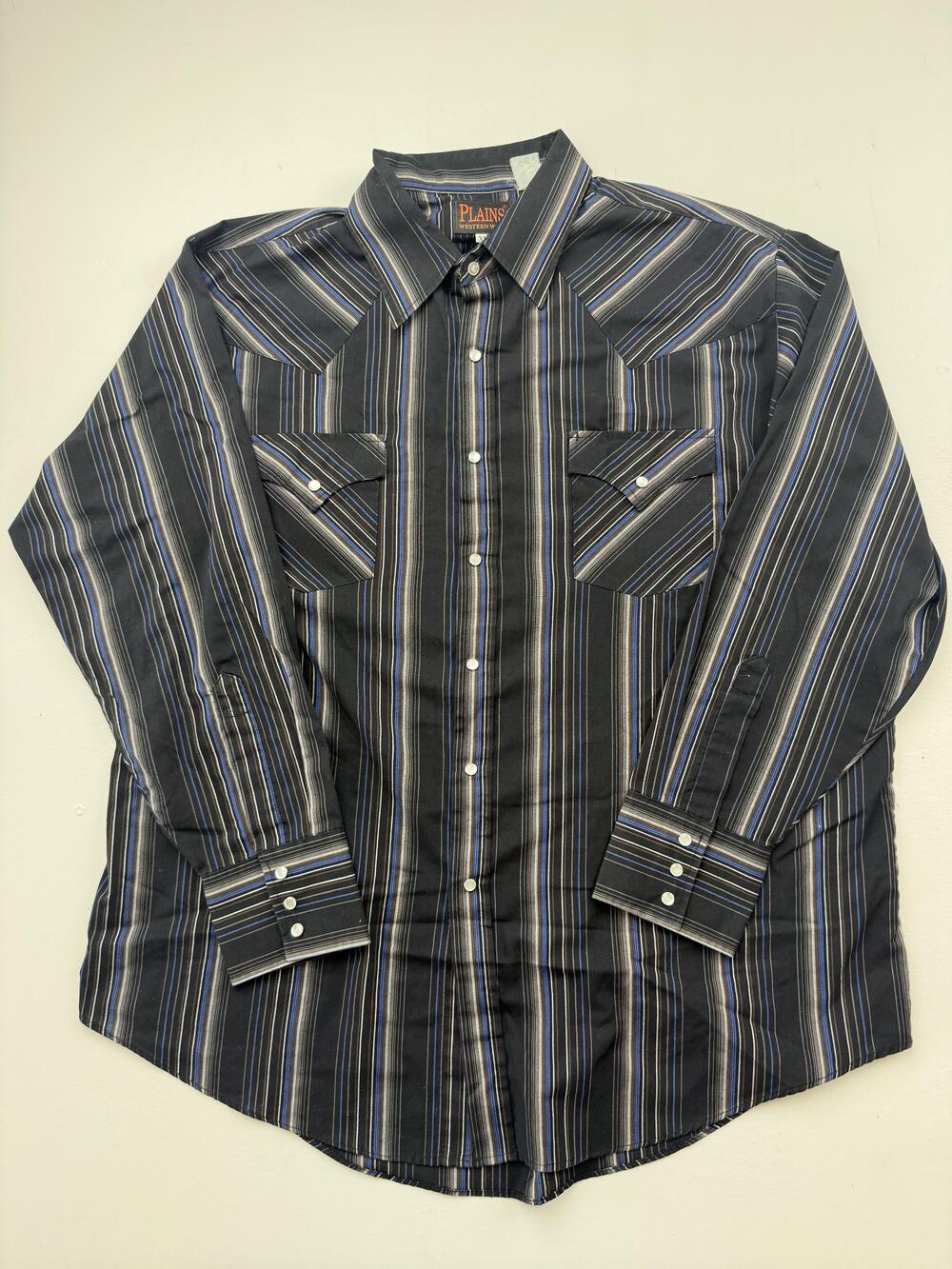 Plains Western Wear Shirt Mens XL Black Stripe Long Sleeve Western Snap Casual